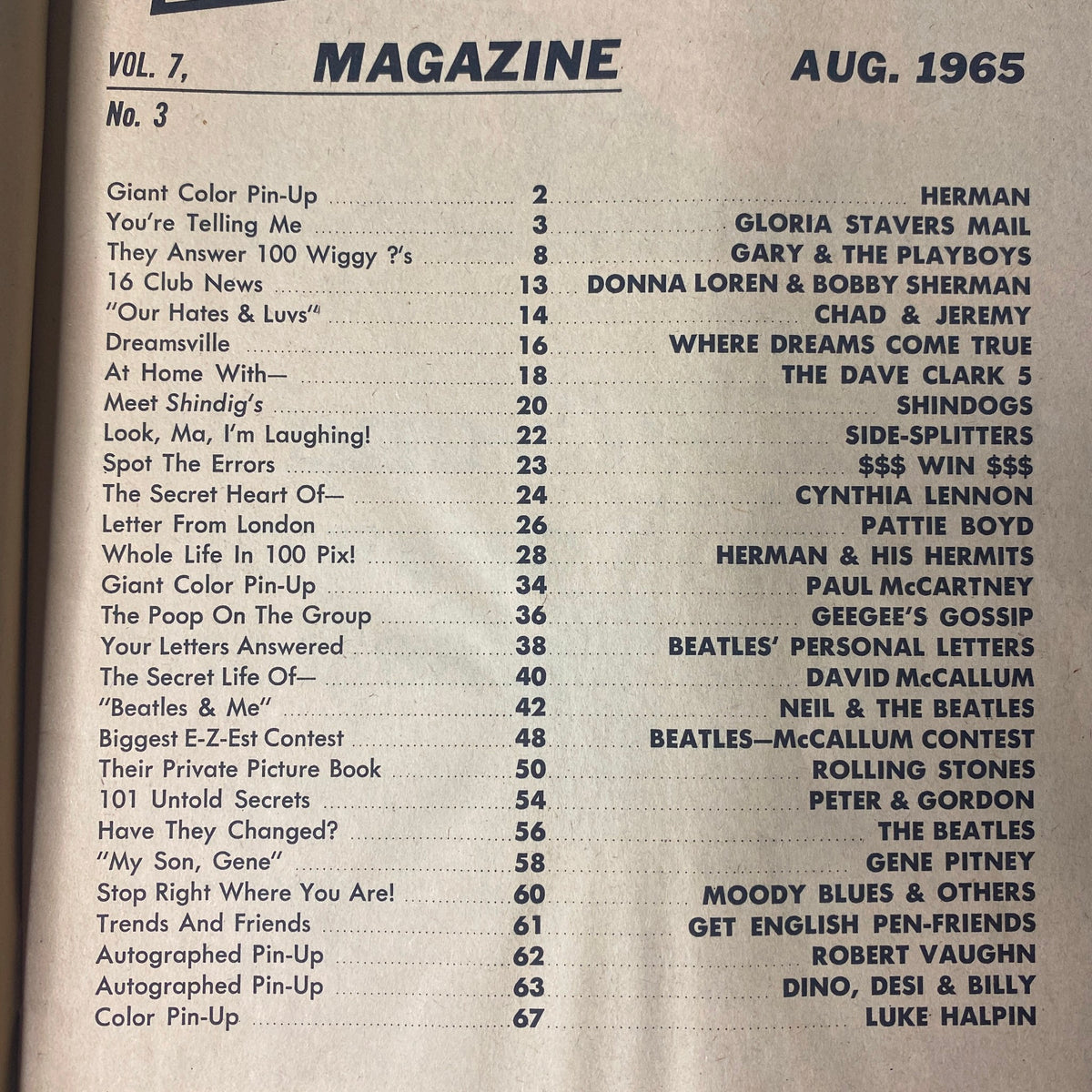 Cover page of 16 Magazine August 1965 Vol 7 No. 3 featuring a table of contents with notable stars and stories including a giant color pin-up of Herman.