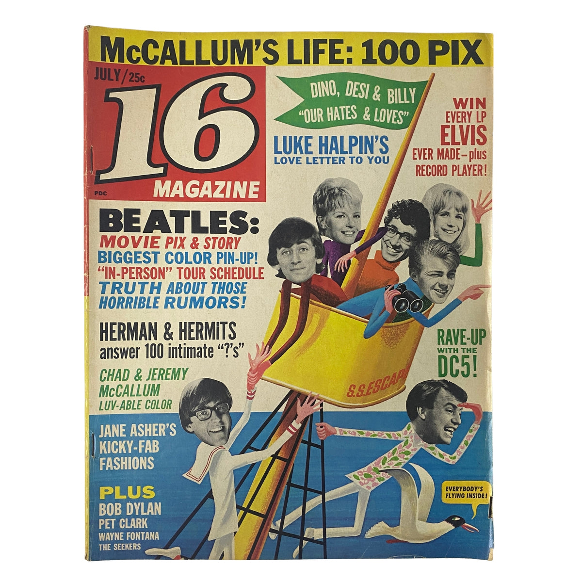 Cover of 16 Magazine July 1965 Vol. 7 No. 2 featuring Freddie & The Dreamers and headlines about various teen idols and exclusive pin-ups.