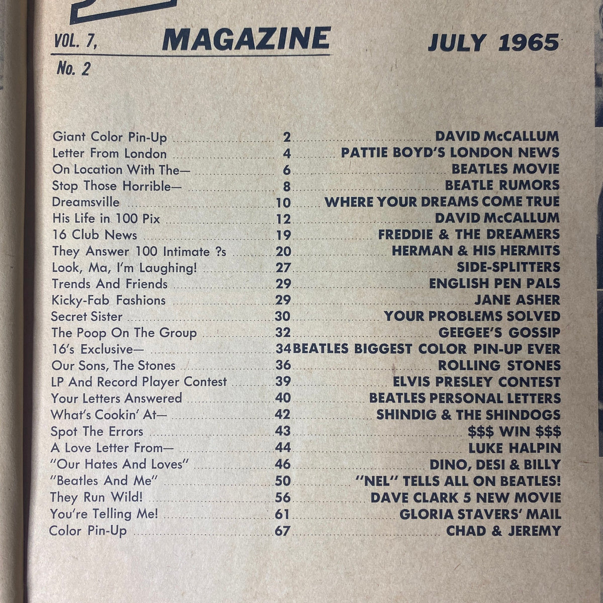 Contents page of 16 Magazine July 1965 Vol. 7 No. 2 detailing articles about David McCallum, The Beatles, and various other teen topics.