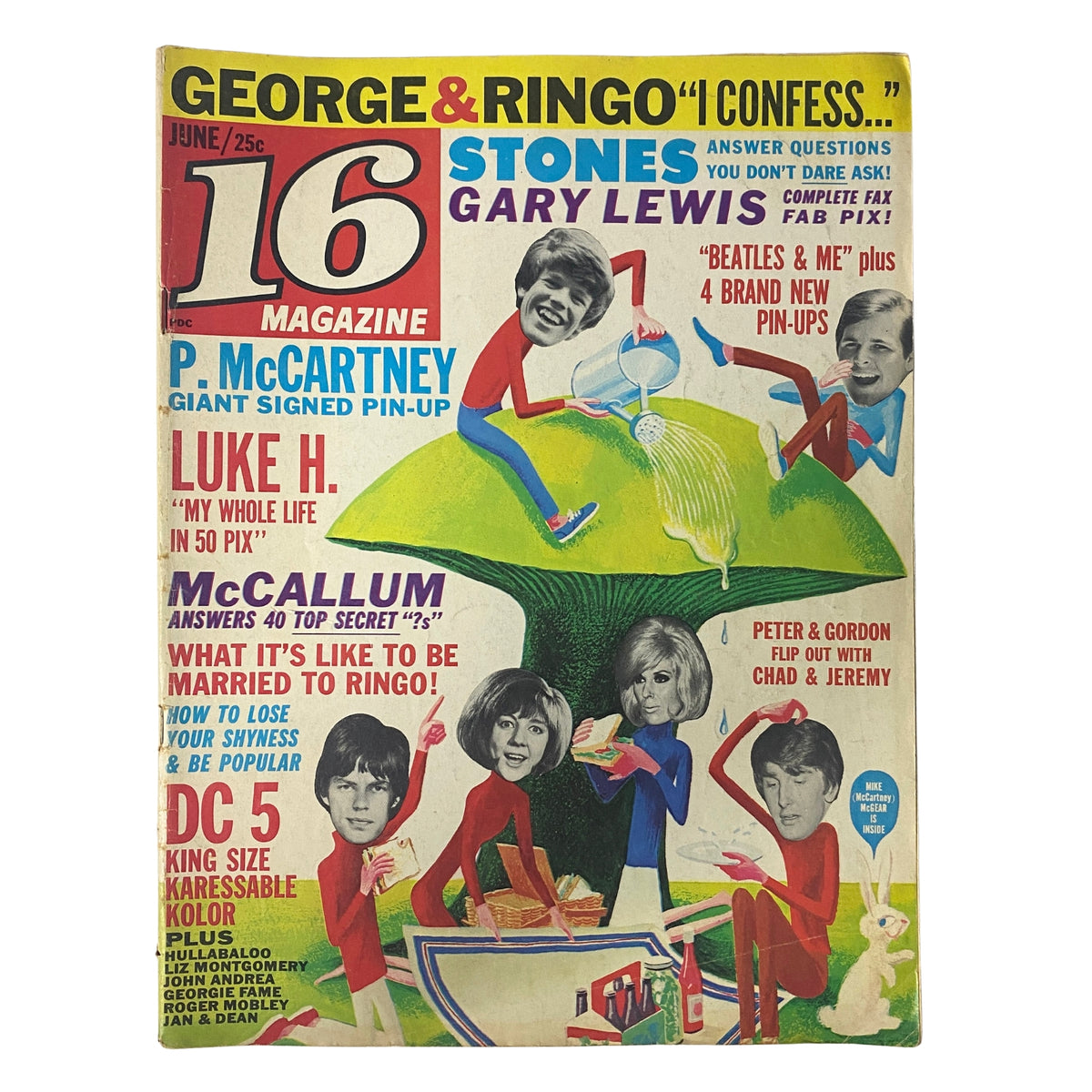 Cover of 16 Magazine June 1965 Vol. 7 No. 1 featuring The Dave Clark 5, George Harrison, and celebrity articles. Vintage pop culture collectible.