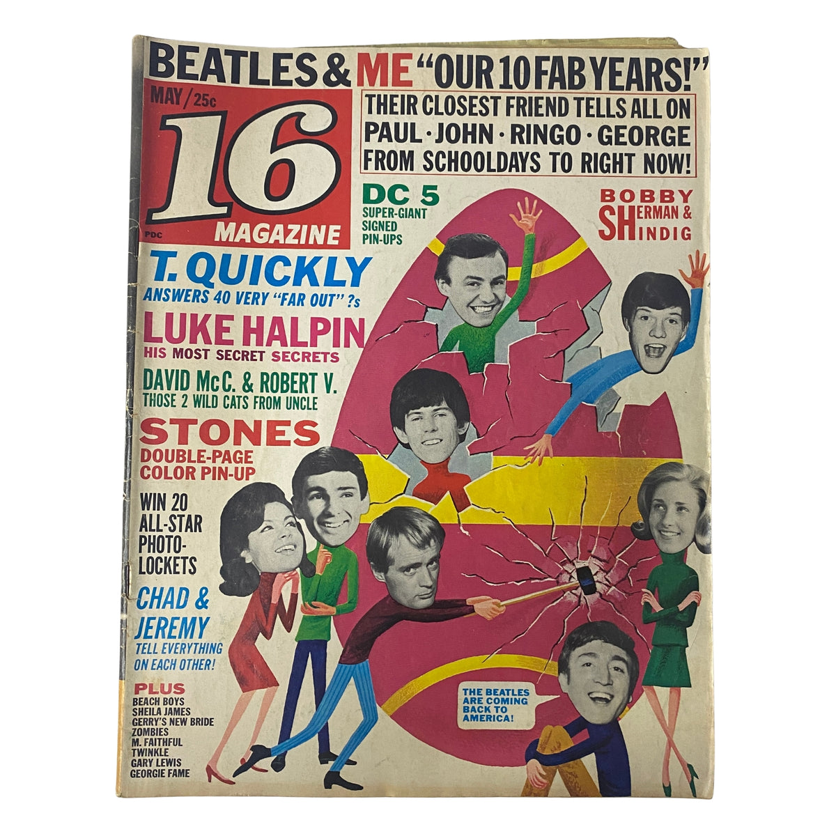 Cover of 16 Magazine May 1965 Vol. 6 No. 12 featuring The Rolling Stones pinup, along with articles on various popular music acts of the 1960s like The Beatles, Elvis, and Chad & Jeremy. This vintage magazine highlights the era of the British Invasion in music.