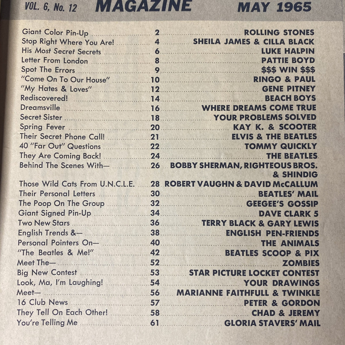 Cover page of 16 Magazine May 1965 Vol 6 No. 12 featuring The Rolling Stones, with a list of contents including various articles and features.
