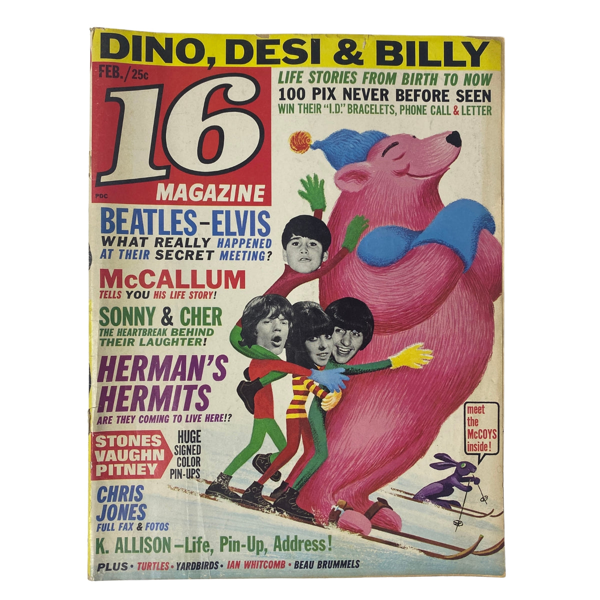 Cover of 16 Magazine February 1966 featuring The Beatles, illustrated with bright colors and title details. A playful depiction of Dino, Desi & Billy in a whimsical layout.