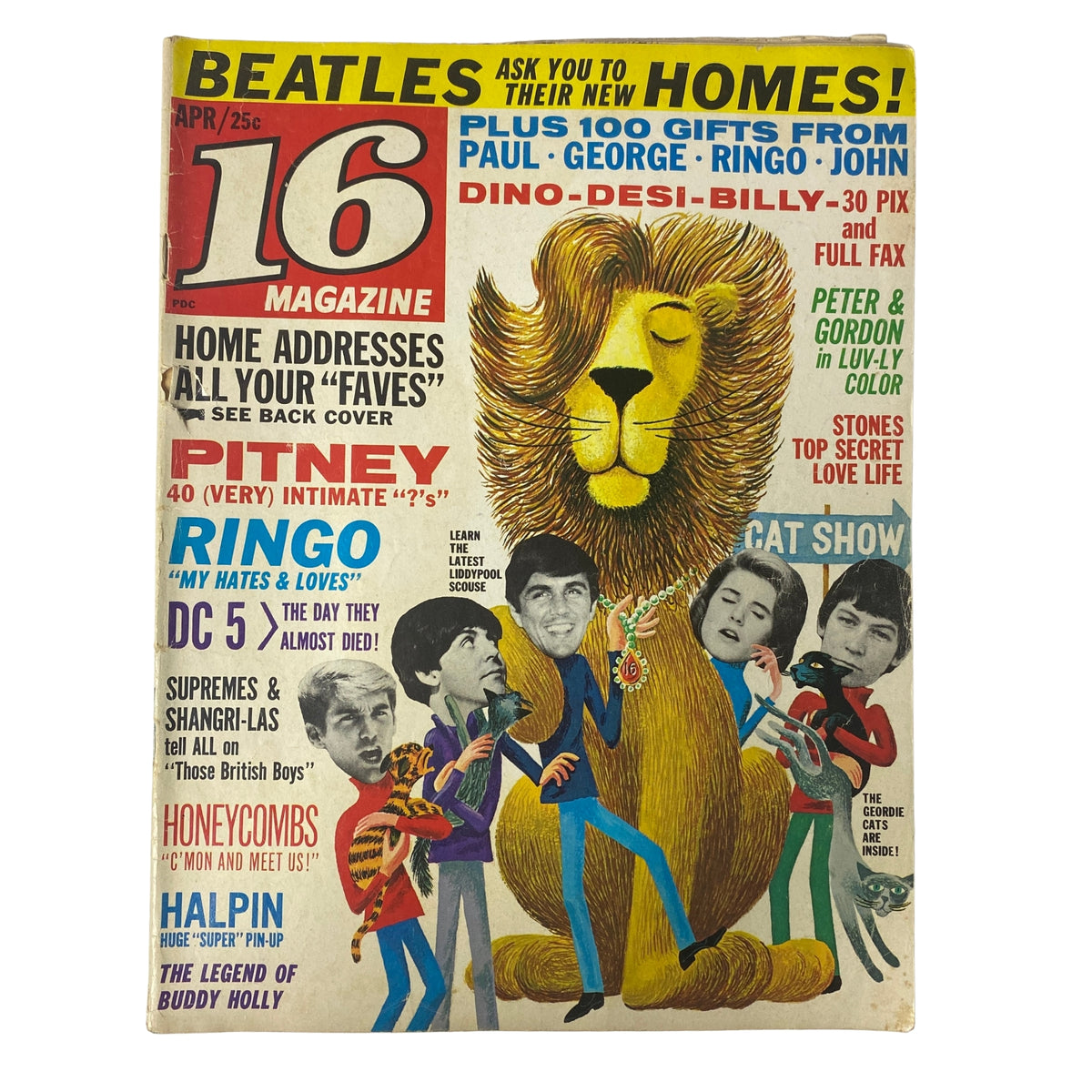 Cover of 16 Magazine April 1965 featuring Peter & Gordon, Luke Halpin, and a lion graphic. The magazine highlights the British Invasion with features on The Beatles and includes pinups and celebrity content.