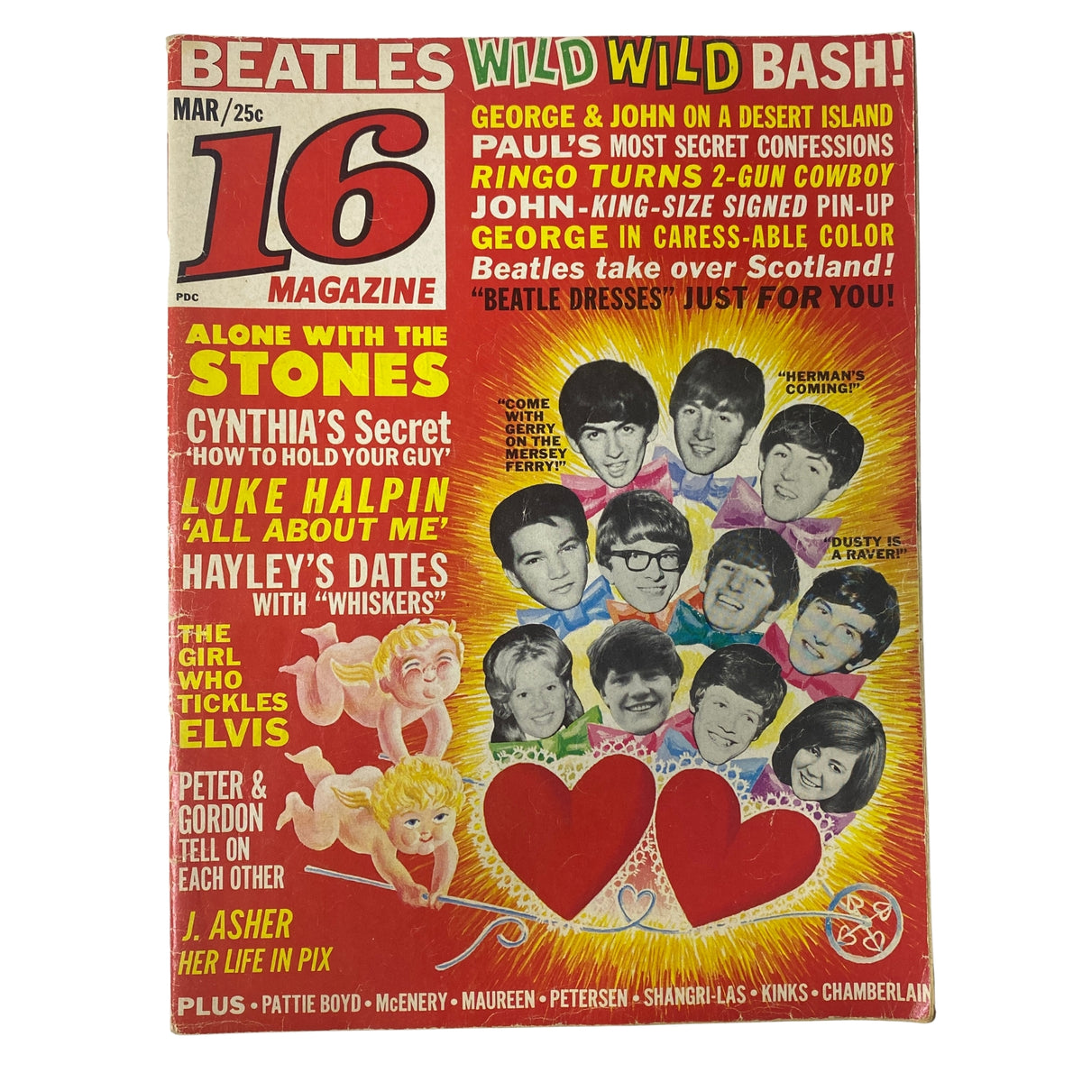 Cover of 16 Magazine March 1965 Vol 6 No. 10 featuring The Beatles, highlighting articles about Ringo Starr, John Lennon, and Paul McCartney, capturing the essence of 1960s pop culture.