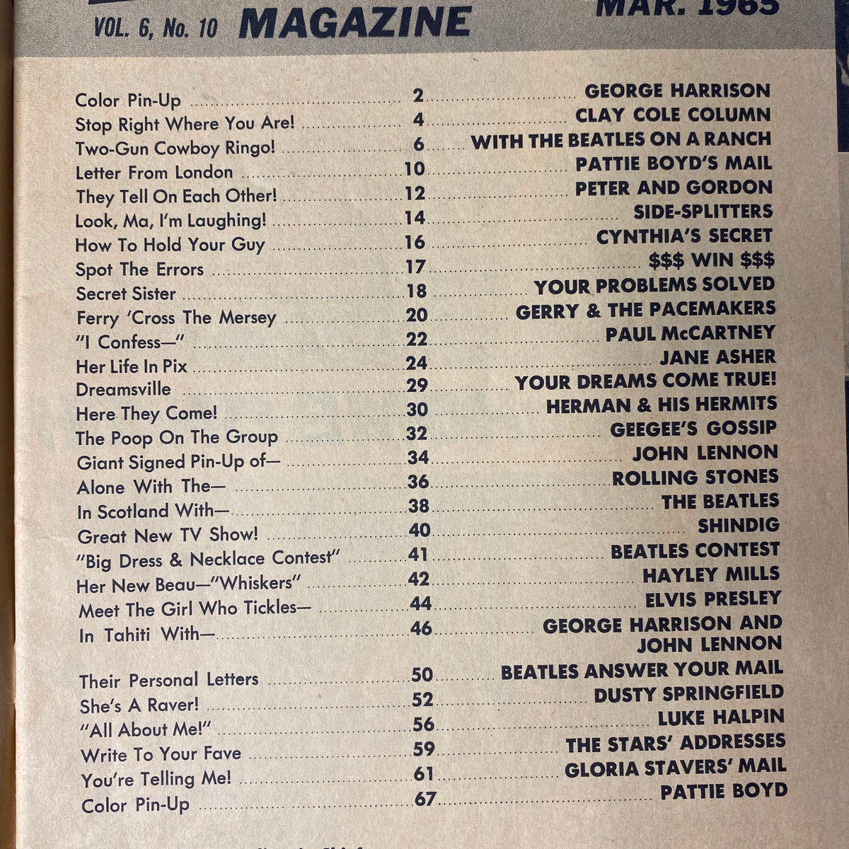 Cover page of 16 Magazine March 1965 featuring George Harrison, includes a list of contents.