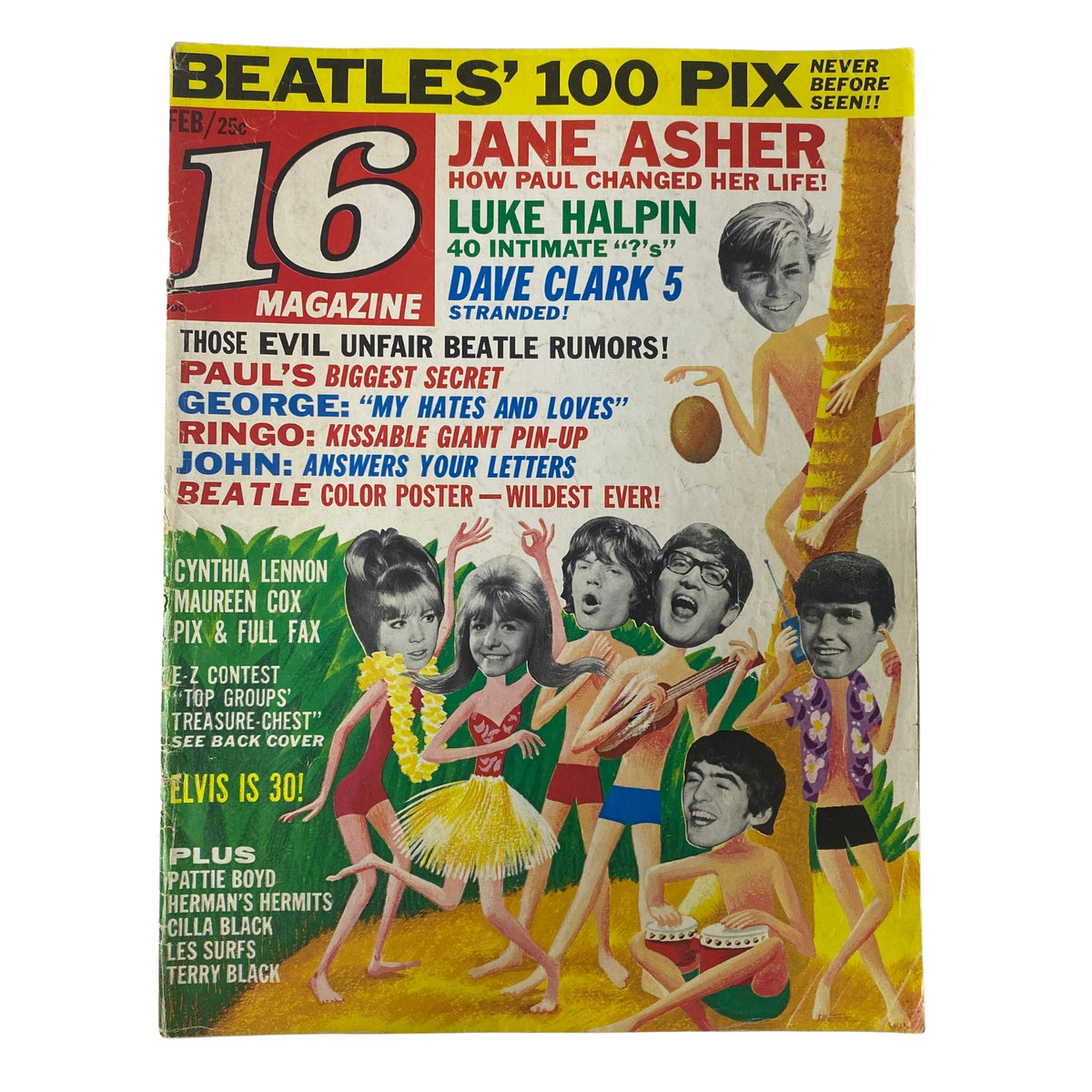 16 Magazine February 1965 Vol. 6 No. 9 featuring The Beatles on the cover, showcasing pinups and highlights from celebrity culture including Jane Asher and The Dave Clark Five.