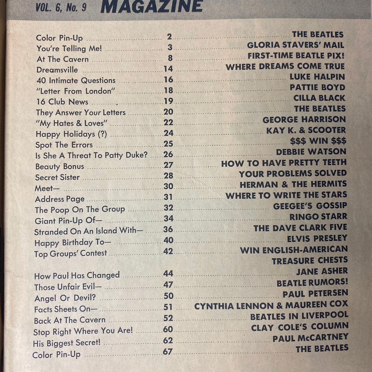 Contents page from 16 Magazine February 1965 Vol. 6 No. 9, listing features about The Beatles, including interviews and pinups alongside other teen idols.