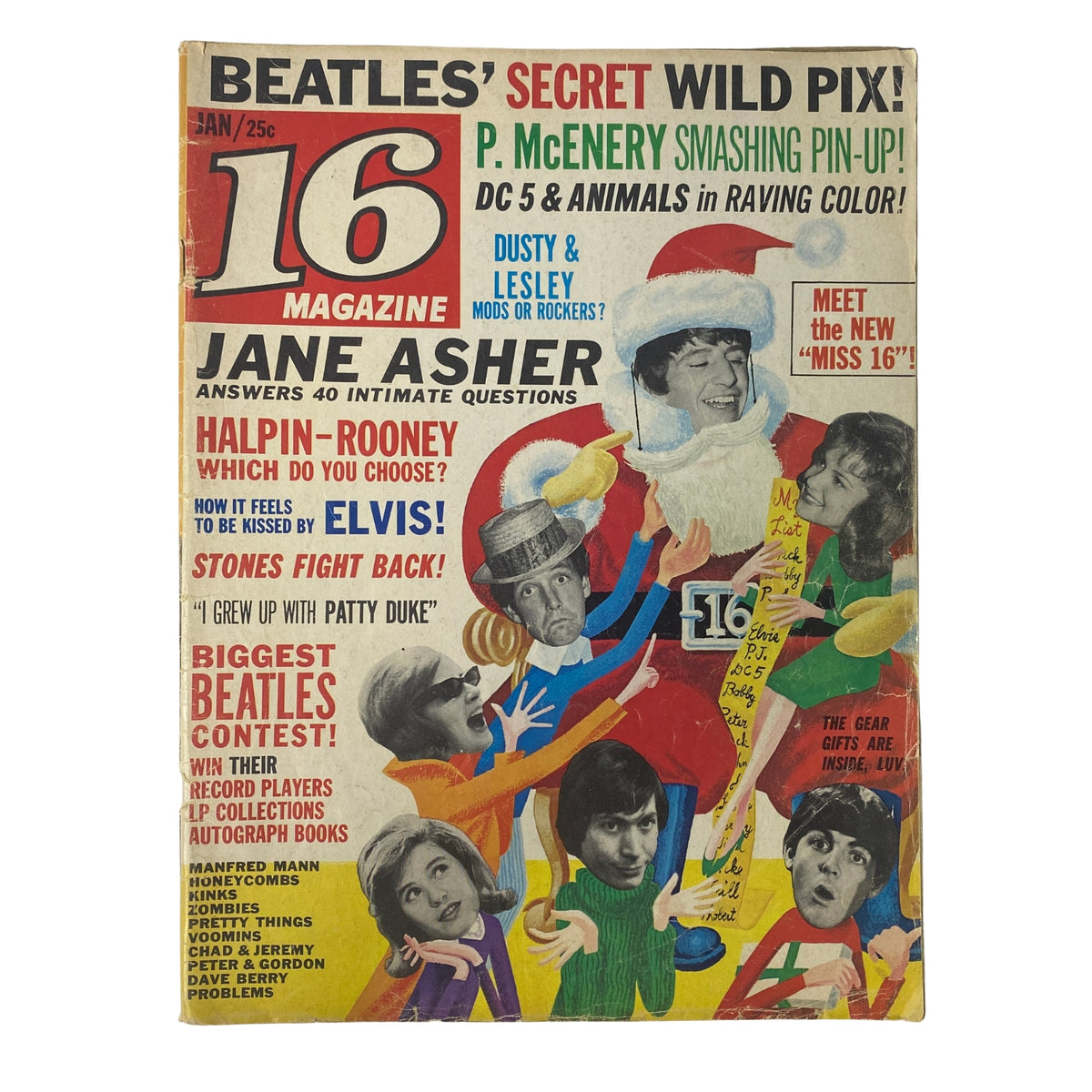 Cover of 16 Magazine January 1965 Vol 6 No. 8 featuring The Animals, with articles on The Beatles, Elvis, and more, colorful illustrations of celebrities, and a pinup section.