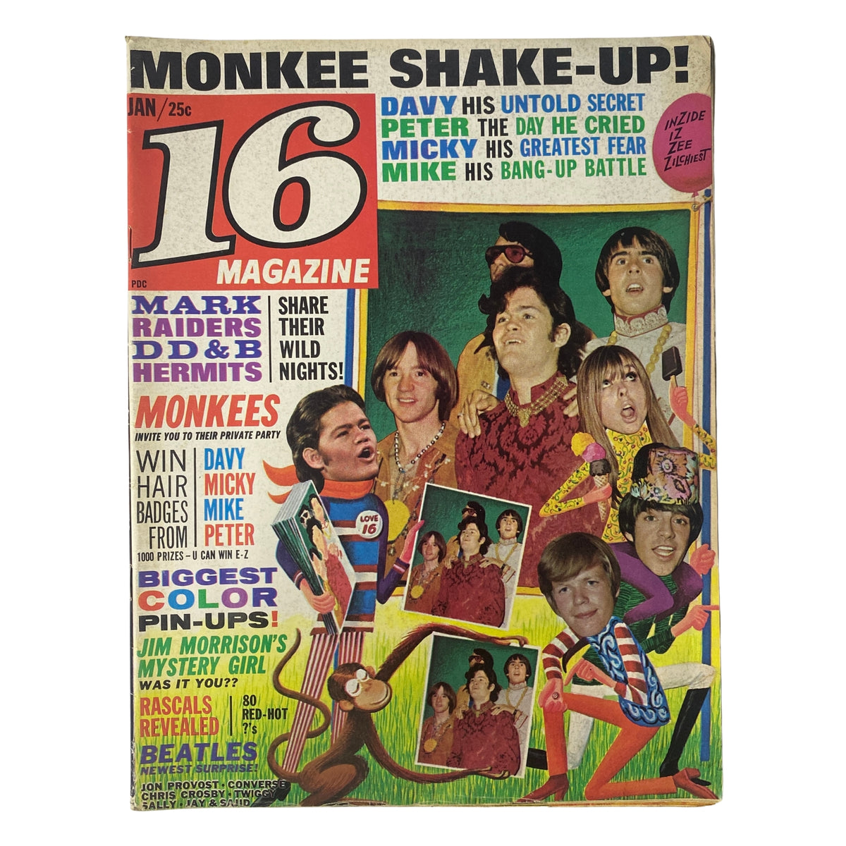 Cover of 16 Magazine January 1968 Vol 9 No. 8 featuring Jim Morrison, Mark Lindsay, and The Monkees with colorful graphics and pinups.