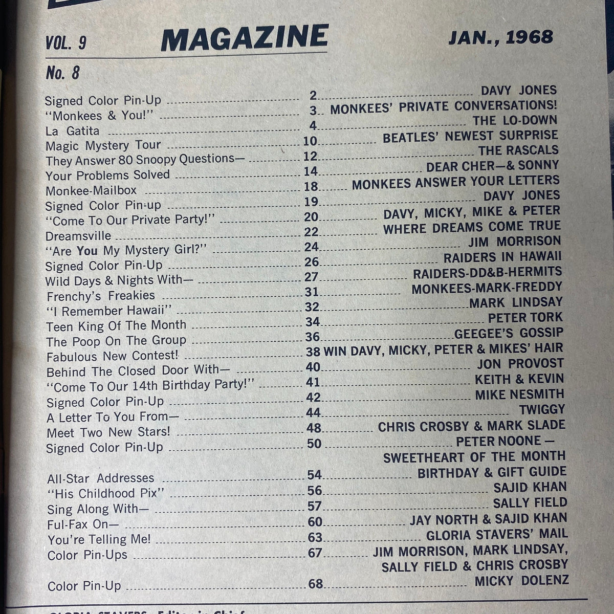 Contents page of 16 Magazine January 1968 Vol 9 No. 8 listing features like signed pin-ups, interviews, and exclusive articles on Jim Morrison and The Monkees.