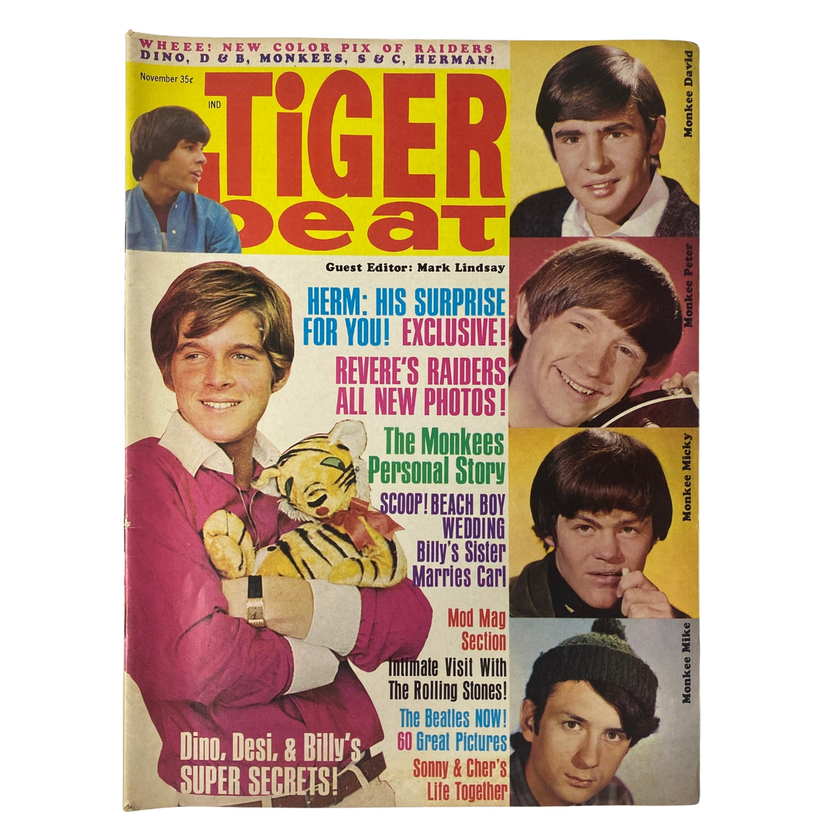 Cover of Tiger Beat Magazine November 1966 featuring Dino, Desi & Billy along with highlights of The Monkees, Paul Revere & The Raiders, and other teen idols. The vibrant cover showcases the iconic styles and personalities of 1960s pop culture.