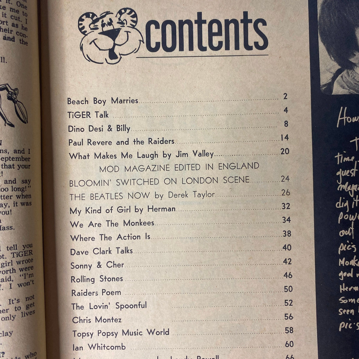 Contents page of Tiger Beat Magazine November 1966 listing features including Dino, Desi & Billy, The Monkees, Paul Revere and the Raiders, and more, showcasing the diverse topics covered in this influential teen magazine.