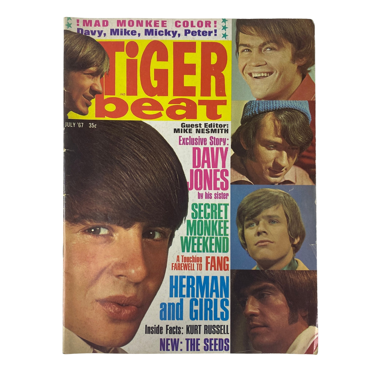 Tiger Beat Magazine July 1967 Vol 2 No 11 cover featuring Davy Jones, Herman & Girls, and guest editor Mike Nesmith with images of The Monkees.