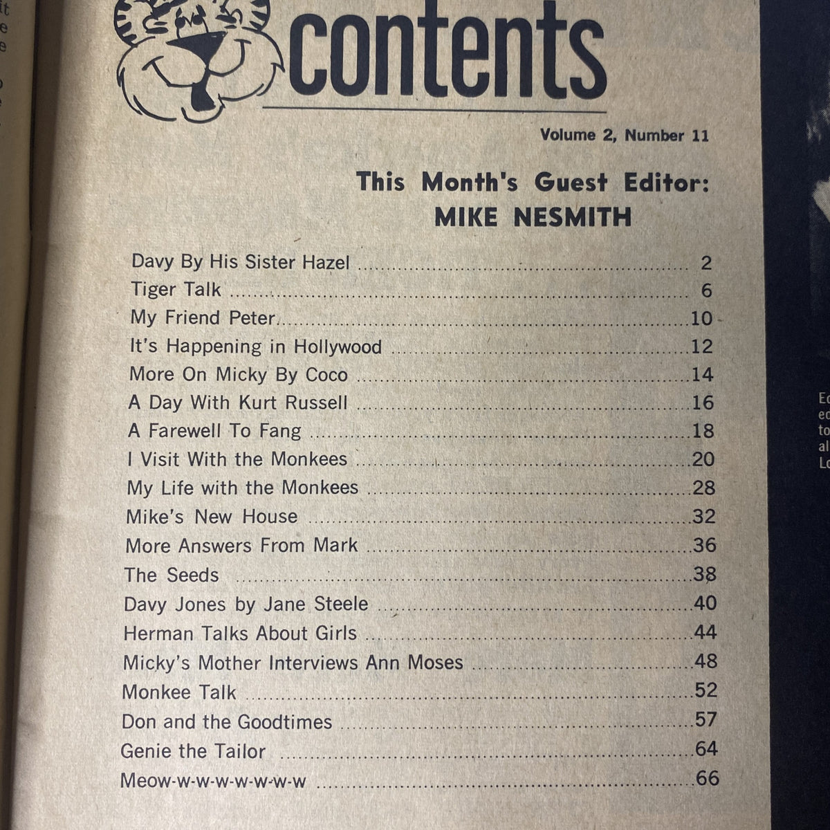 Contents page of Tiger Beat Magazine July 1967 Vol 2 No 11, featuring articles such as 'Davy By His Sister Hazel', 'My Life with the Monkees', and more.