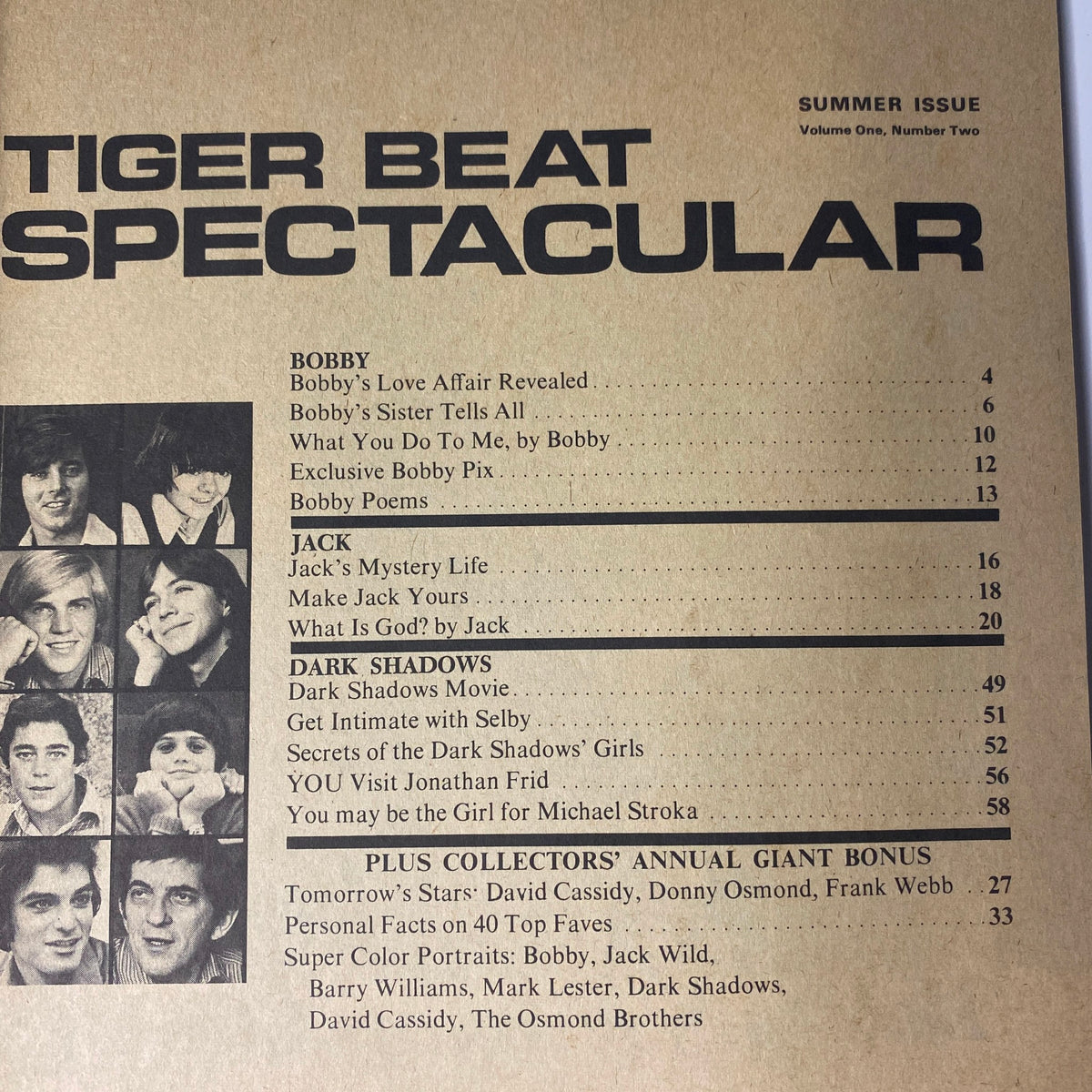 Table of contents from the Tiger Beat Spectacular Magazine Summer 1970 featuring segments on Bobby Sherman, Jack Wild, and Dark Shadows, showcasing features and exclusive content about popular teen idols.