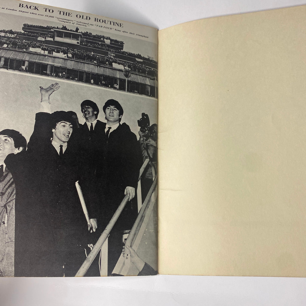 1964 Beatles on Broadway page displaying the Beatles waving and interacting with crowds, emphasizing their return to routine amidst fanfare during their U.S. tour.