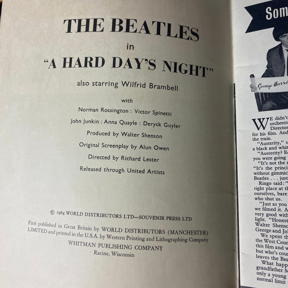 Inside page of the 1964 The Beatles Starring in A Hard Day's Night Official Souvenir Book, featuring cast details including Wilfrid Brambell and production credits.