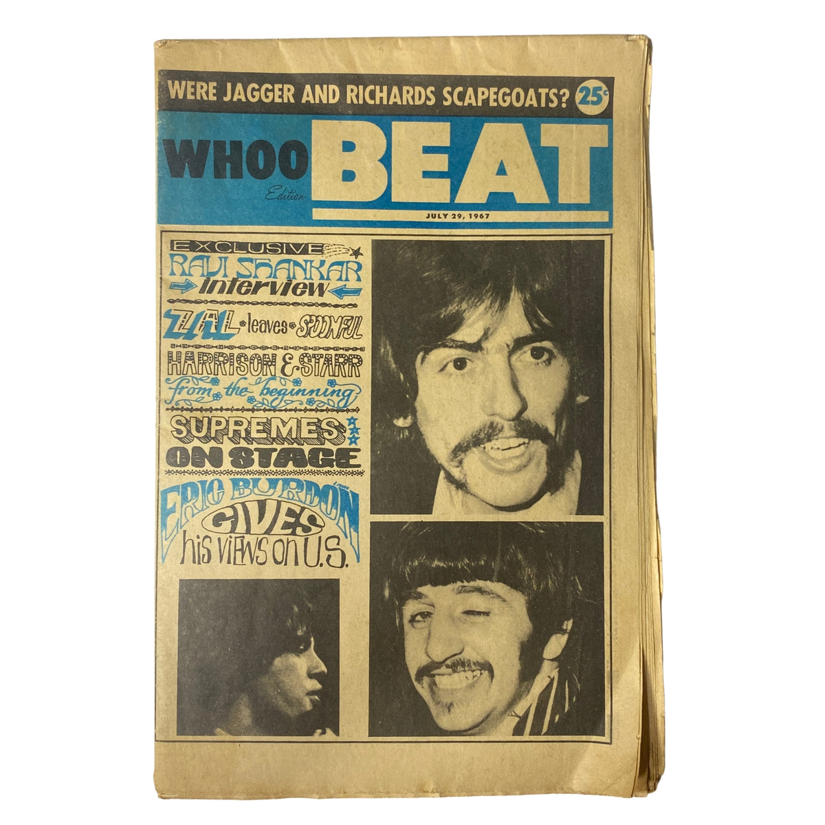 Whoo Beat Tabloid Magazine, July 29, 1967 cover featuring Mick Jagger and Keith Richards, showcasing featured articles including Ravi Shankar interview and The Supremes performance.