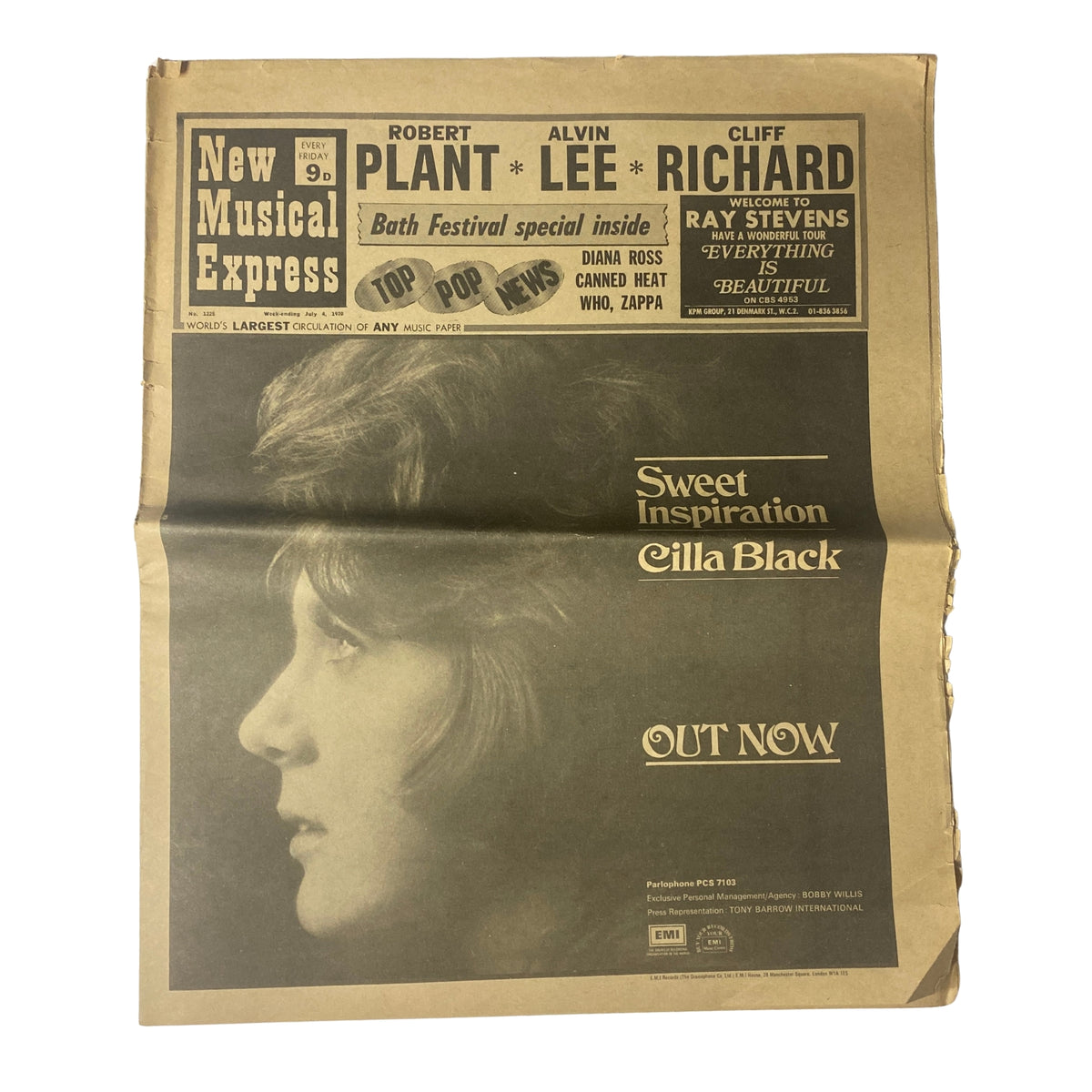 Cover of New Musical Express Music Paper July 1970 No. 1225 featuring Cilla Black and highlights on Robert Plant, Alvin Lee, and Cliff Richard.