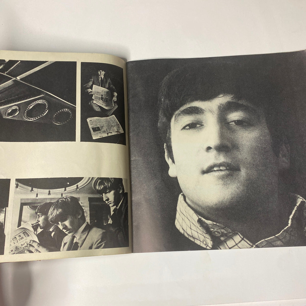 1964 Beatles USA Limited tour program book featuring John Lennon in a close-up portrait alongside candid images of the band and memorabilia from their U.S. tour.