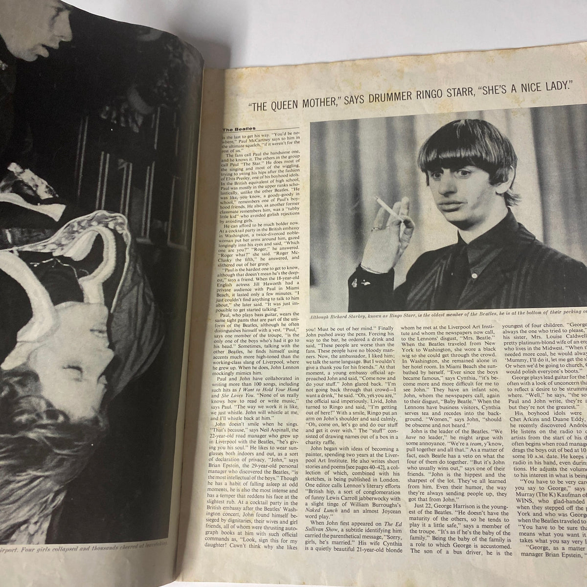 Inside page of The Saturday Evening Post March 21, 1964 featuring Ringo Starr of The Beatles with the caption 'The Queen Mother,' showcasing a moment from the article.