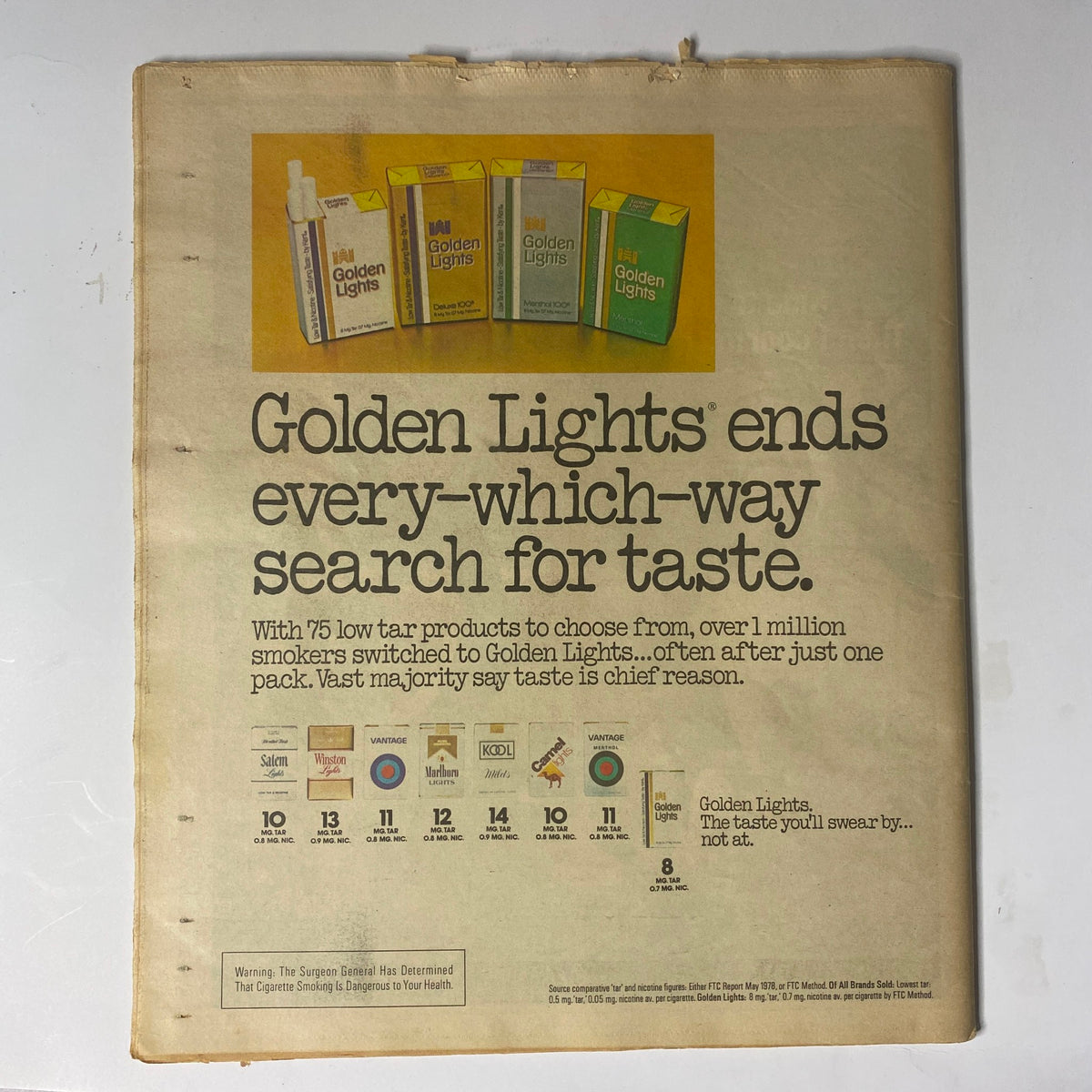 Golden Lights advertisement from Rolling Stone Magazine February 21, 1980 No. 311 featuring an overview of low tar cigarette products, emphasizing taste. This vintage magazine highlights Tom Petty's cover story and captures the rock scene of the early 1980s.
