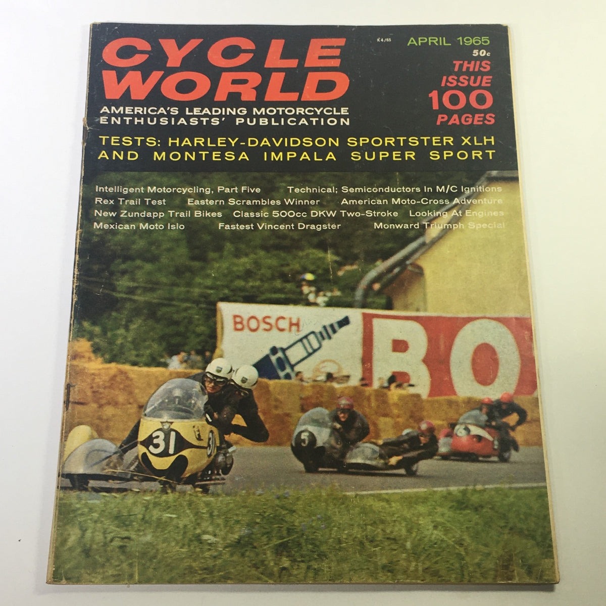 Cover of VTG Cycle World Magazine from April 1965 featuring a Harley-Davidson Sportster XLH road test, showcasing a vintage motorcycle racing scene with dynamic colors and graphics.