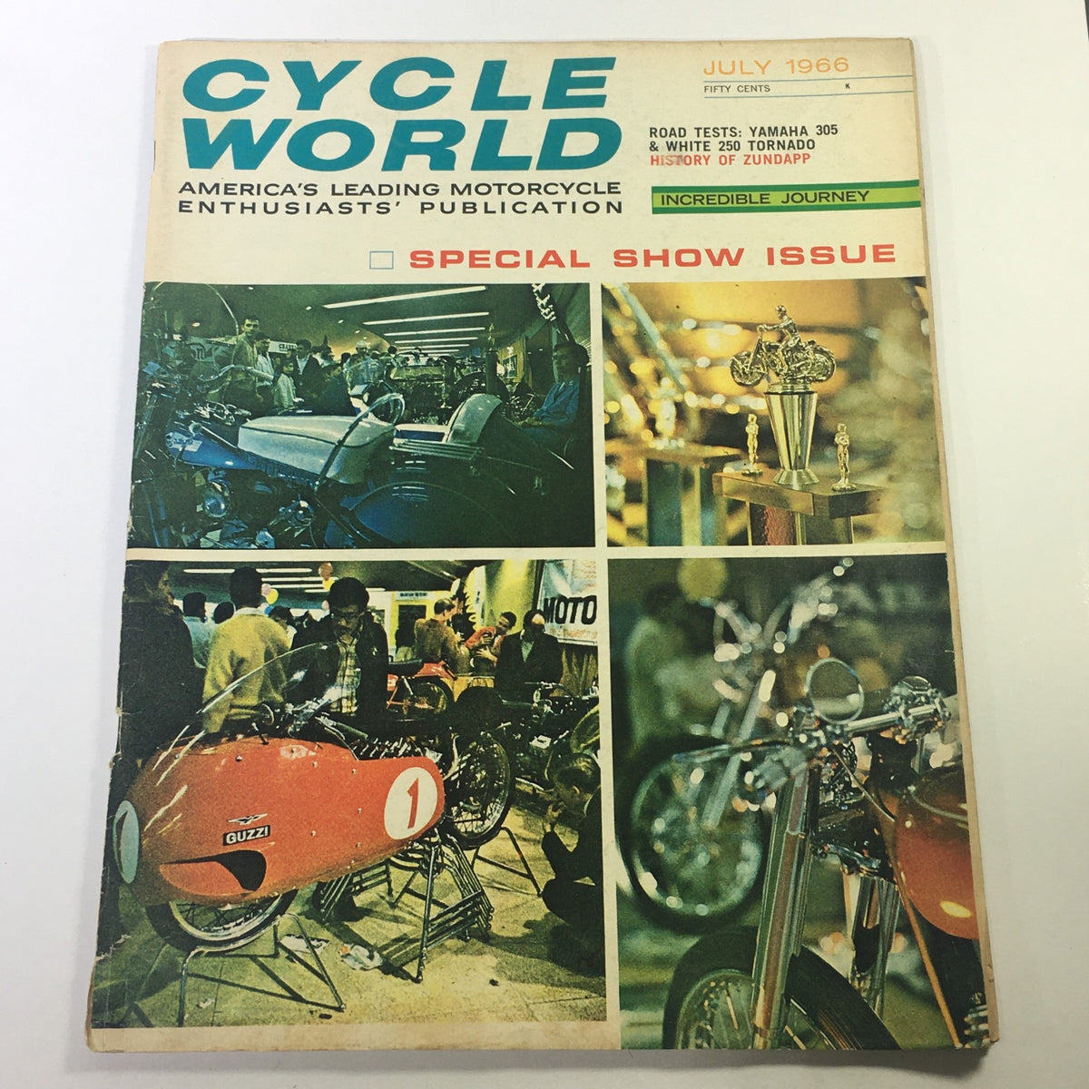 Cover of VTG Cycle World Magazine July 1966 featuring road tests of Yamaha 305 and White 250 Tornado. The cover showcases motorcycle imagery and highlights the magazine as America's leading motorcycle enthusiasts' publication.