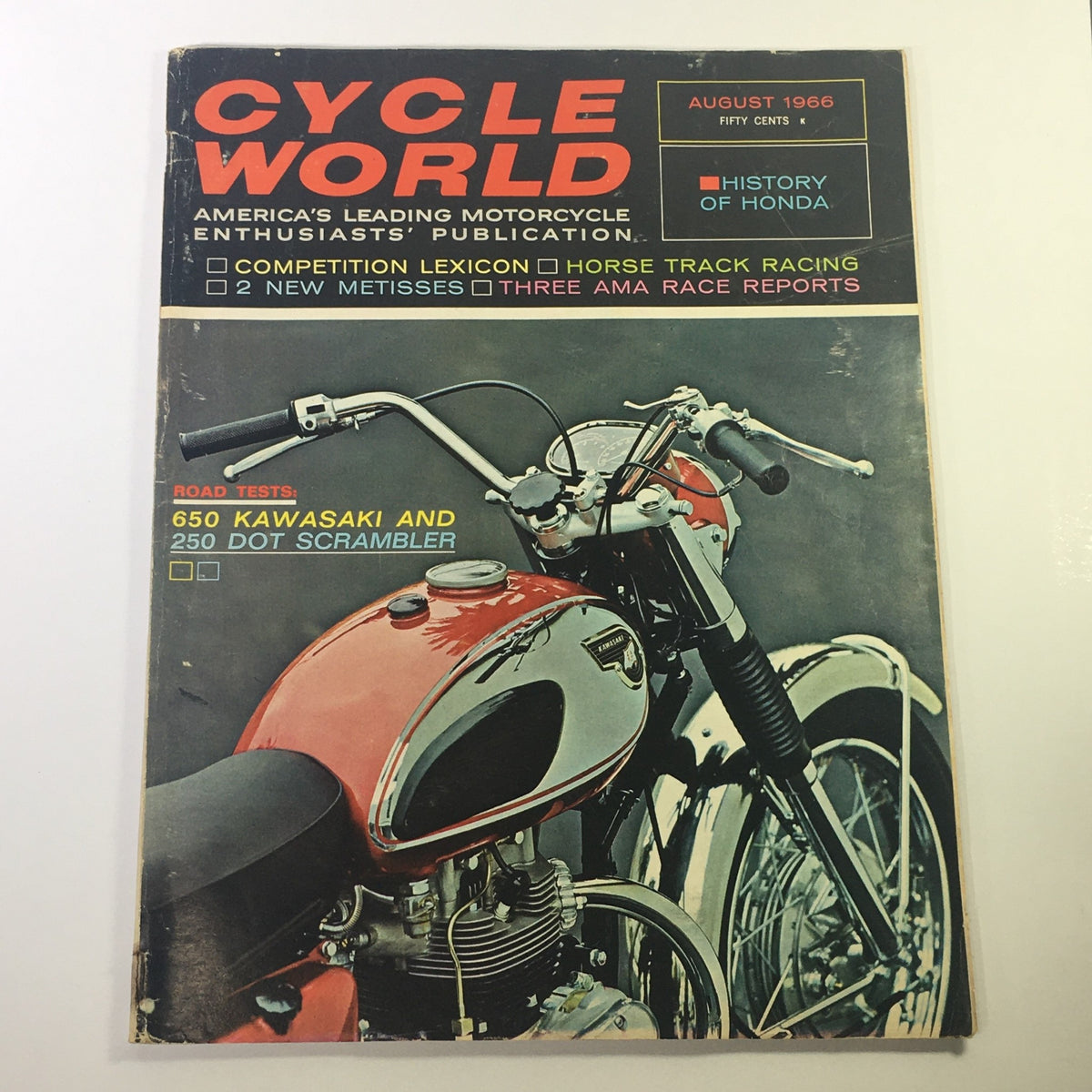 Cycle World Magazine August 1966 cover featuring a close-up of a 650 Kawasaki motorcycle and 250 Dot Scrambler, highlighting vintage motorcycle culture and technology of the era.