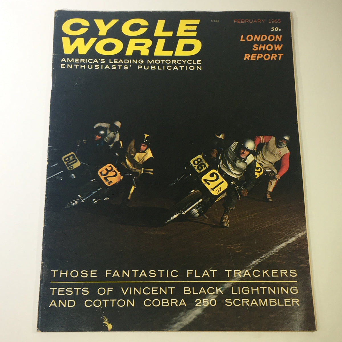 Cover of VTG Cycle World Magazine February 1965 featuring motorcycle racers, highlighting the features of Vincent Black Lightning and Cotton Cobra.