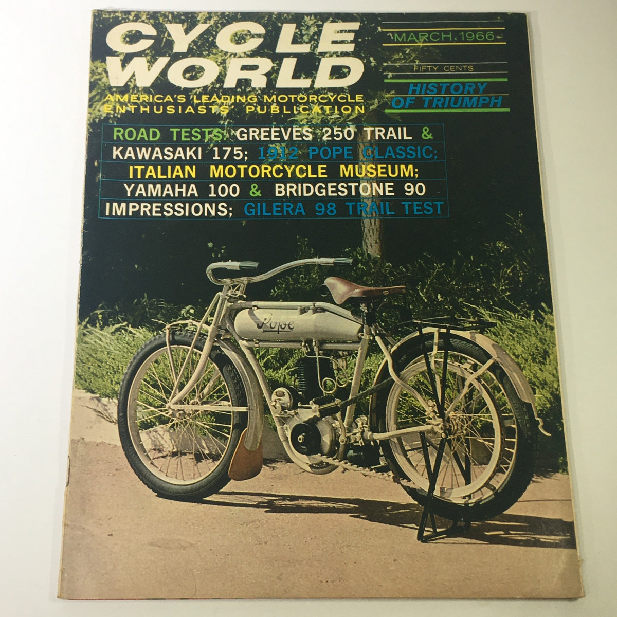 Cover of VTG Cycle World Magazine March 1966 featuring Greeves 250 Trail and Kawasaki 175 road test, showcasing vintage motorcycle culture and design.