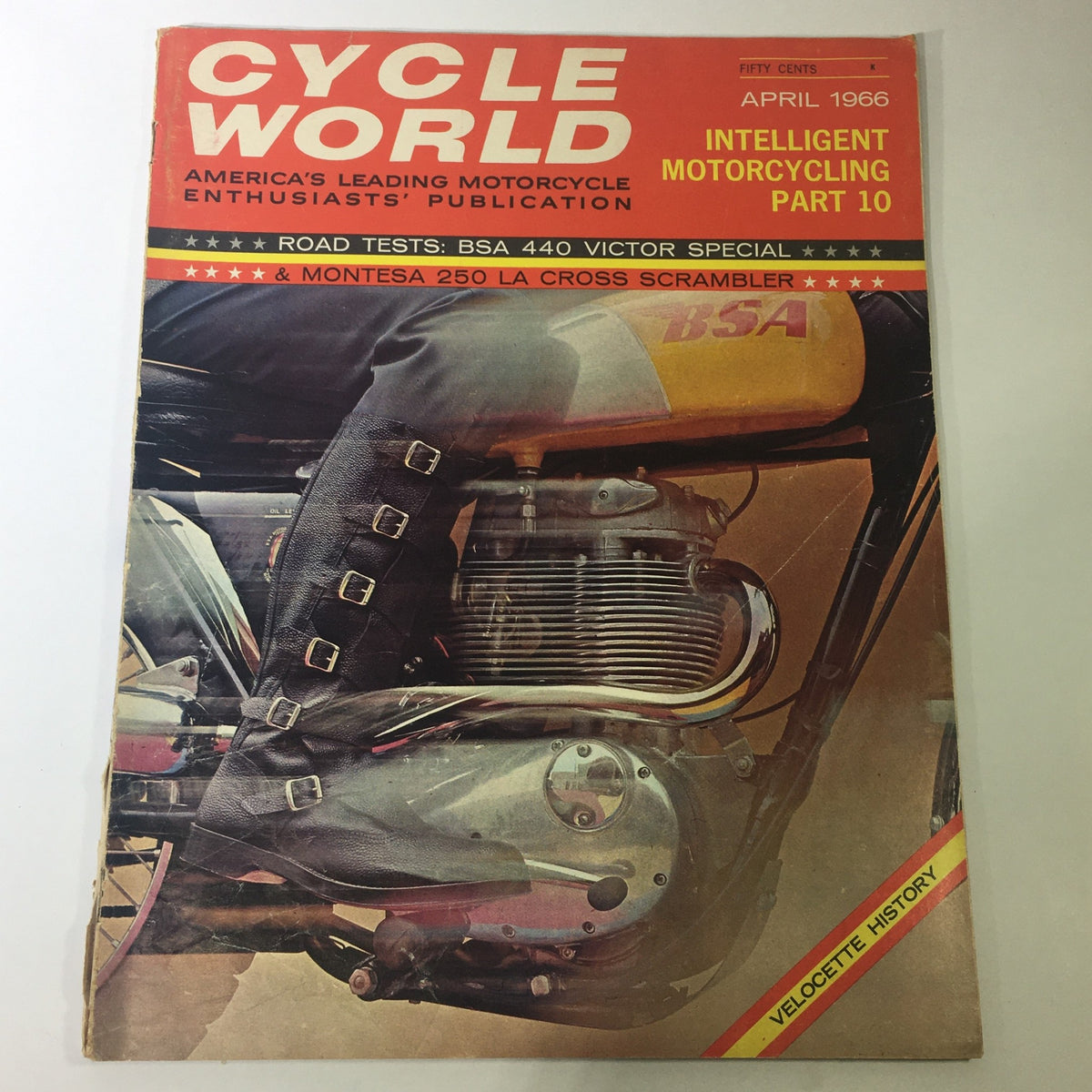 Cover of the VTG Cycle World Magazine from April 1966 featuring road tests of the BSA 440 Victor and Montessa 250. The magazine displays vibrant colors with a motorcycle engine prominently featured, showcasing the magazine's focus on motorcycling culture.