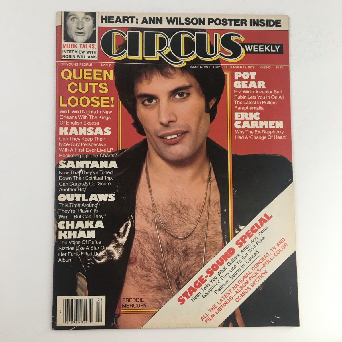 Cover of Circus Magazine dated December 12, 1978 featuring Freddie Mercury, with the title 'Queen Cuts Loose!' and mentioning 'Heart: Ann Wilson Poster Inside'.