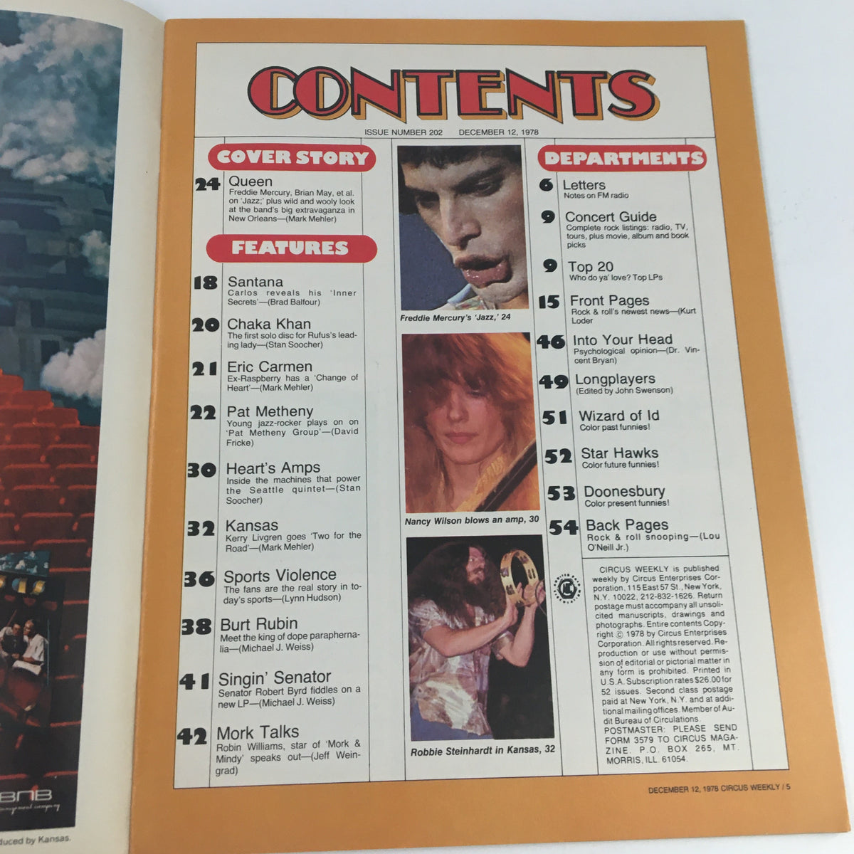Contents page of Circus Magazine from December 12, 1978, showcasing articles about Freddie Mercury, Ann Wilson, Santana, and others, along with the magazine's features and departments.