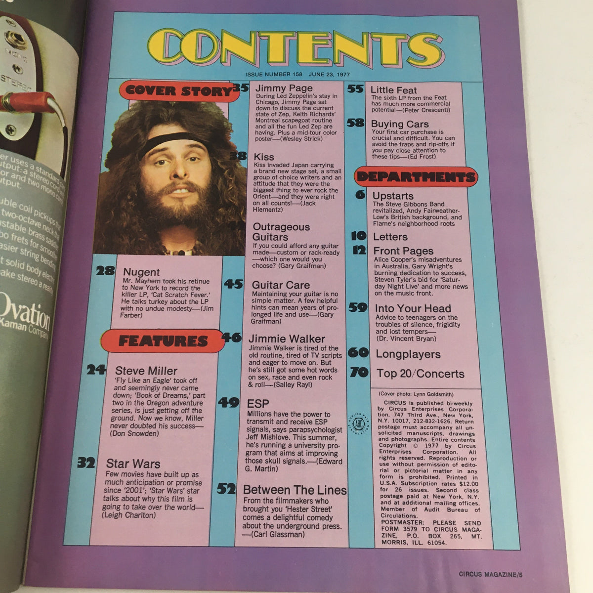 Circus Magazine June 23 1977 contents page featuring notable features including Jimmy Page and Ted Nugent, showcasing vibrant 1970s rock culture.