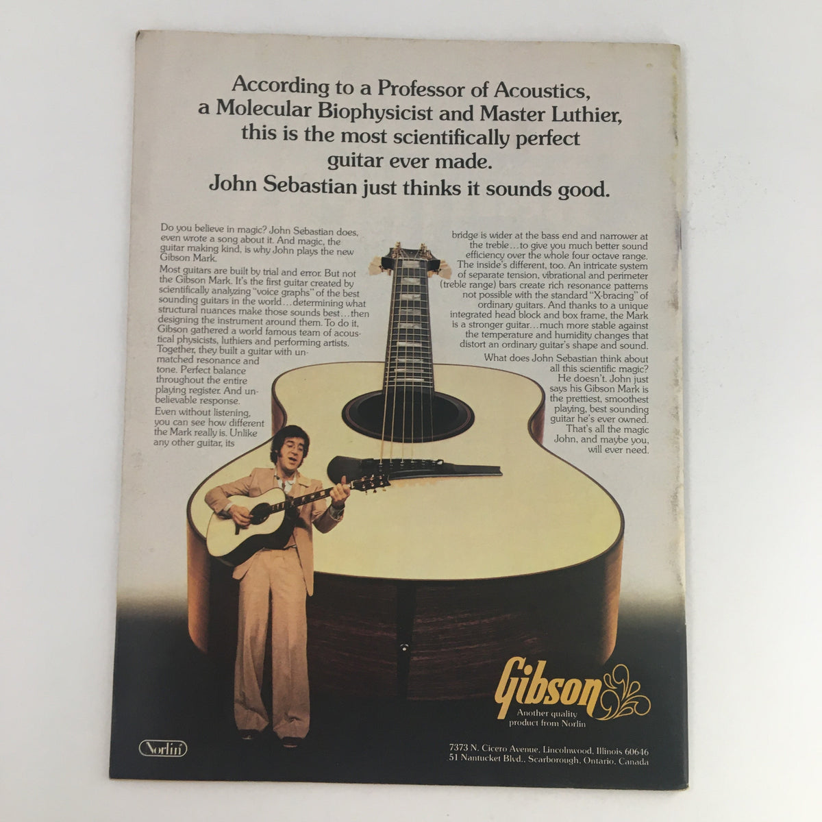 Gibson Mark acoustic guitar advertisement featuring John Sebastian, related to the Circus Magazine June 23 1977 Ted Nugent & Jimmy Page of Led Zeppelin, showcasing a scientifically perfect guitar design.