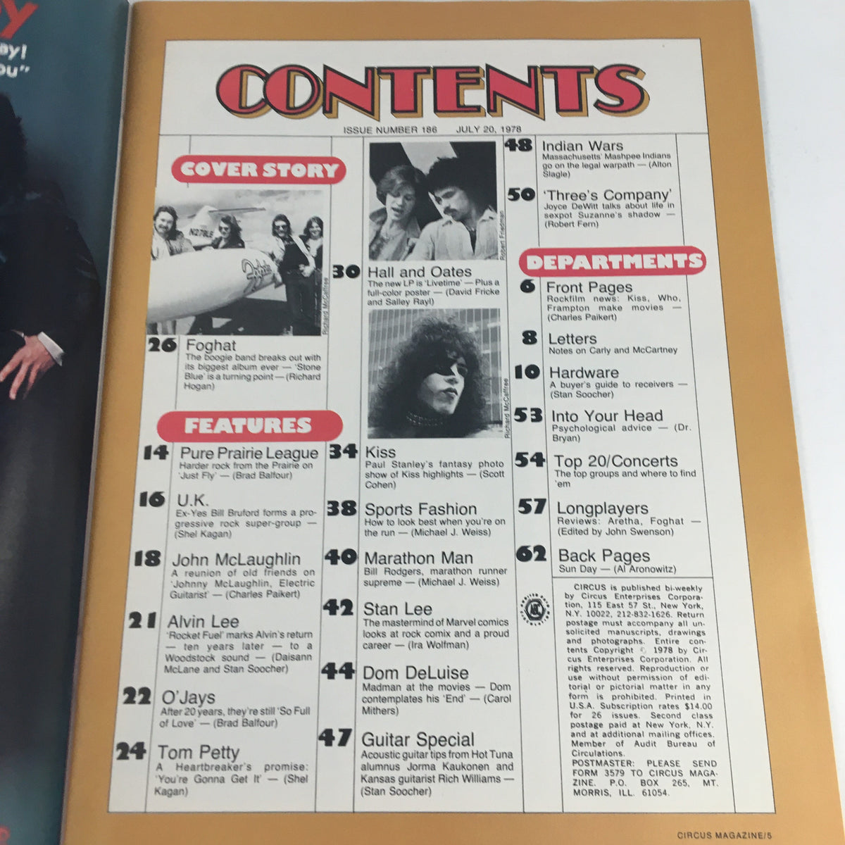 Contents page of Circus Magazine July 20, 1978, detailing articles including Hall & Oates, Foghat, and Tom Petty, reflecting the cultural significance of that era.