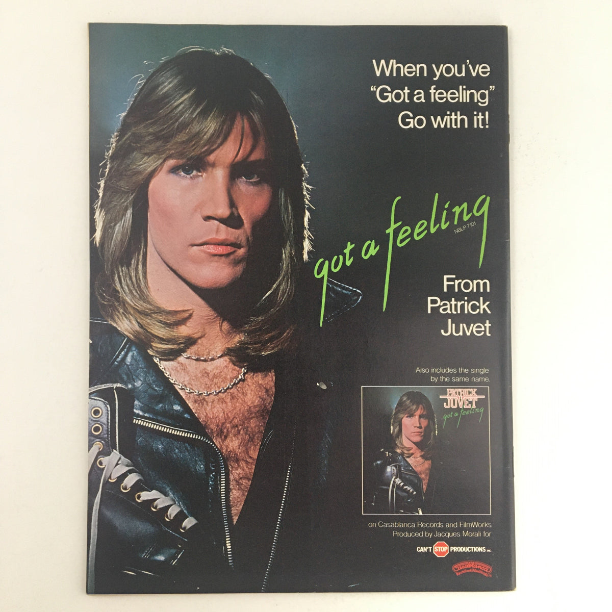 Circus Magazine July 20, 1978 advertisement for Patrick Juvet's 'Got a Feeling,' showcasing the artist with a striking portrait and promotional text.