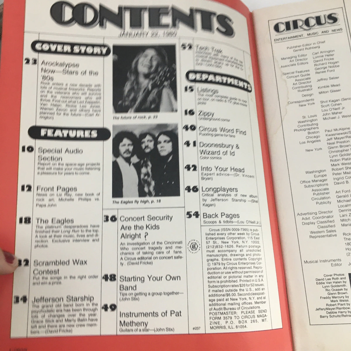 Circus Magazine January 22 1980 contents page, detailing features, articles, and interviews related to the music scene of the time.