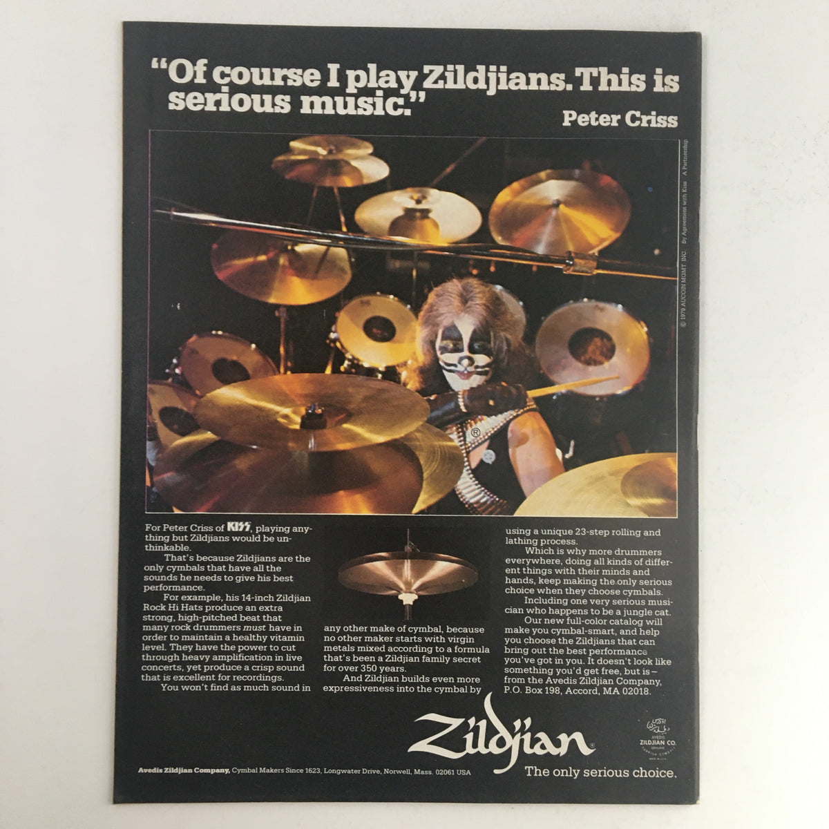 Advertisement from Circus Magazine January 22 1980 featuring Peter Criss promoting Zildjian cymbals in a music context.