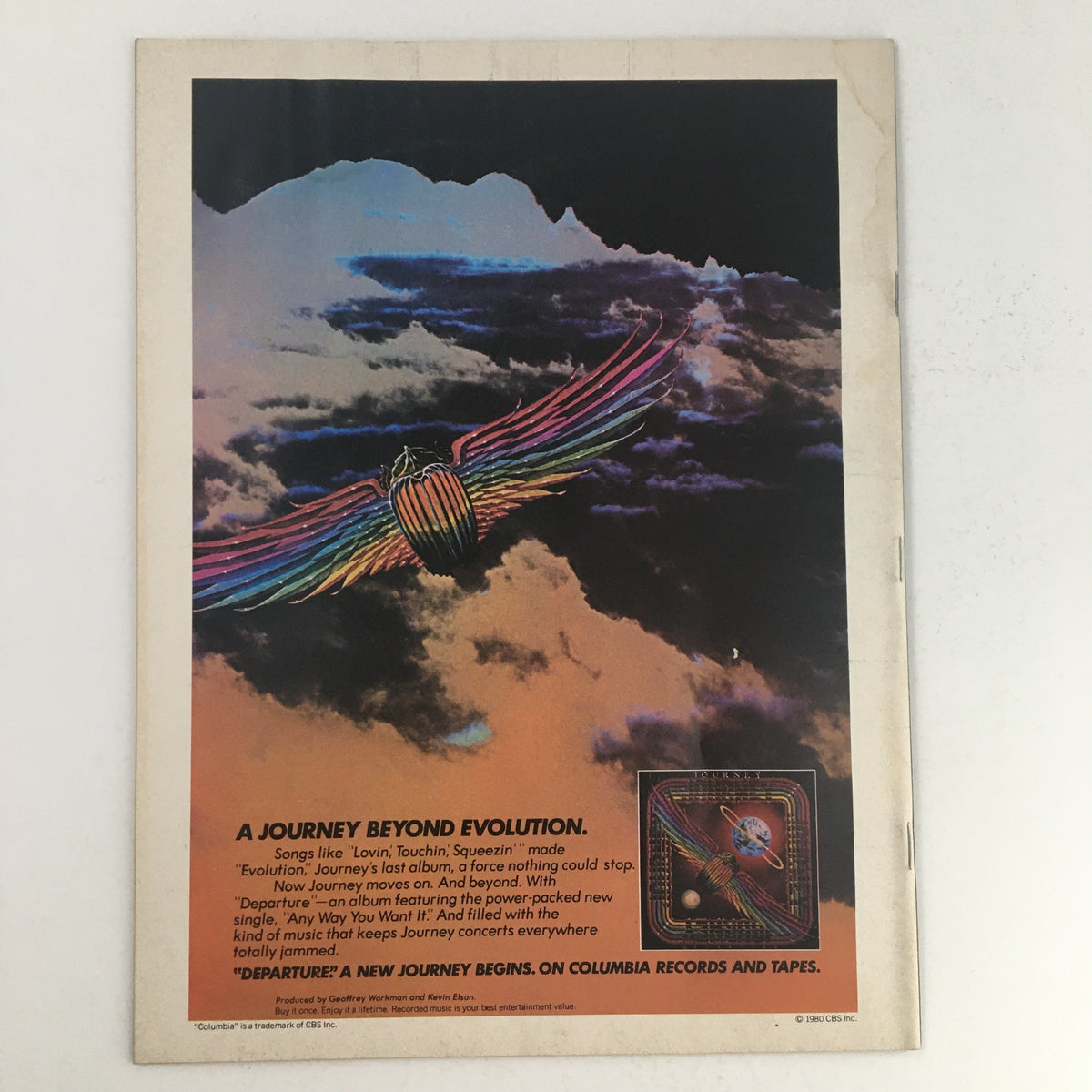 Back cover of Circus Magazine April 15 1980 featuring an advertisement for the album 'Departure' by Journey, showcasing a colorful graphic of a beetle with wings against a dramatic cloud background.
