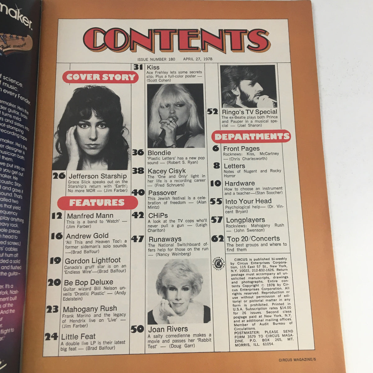 Contents page of Circus Magazine, April 27, 1978, listing articles including Grace Slick feature and KISS interview.