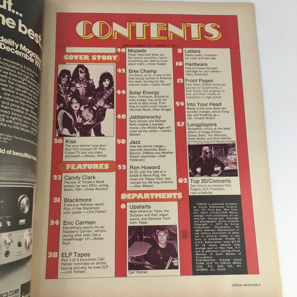 Table of contents from Circus Magazine August 4 1977 featuring articles on KISS, Blackmore, and more iconic rock bands, perfect for collectors.