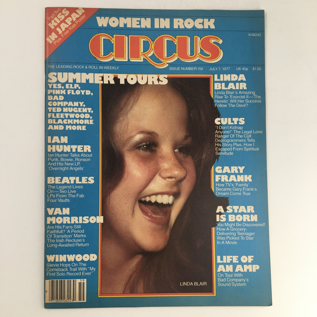Circus Magazine July 7, 1977 cover featuring Linda Blair, showcasing her vibrant smile and celebrating women in rock with articles on Paul Stanley and Kiss, making this a valuable collectible.
