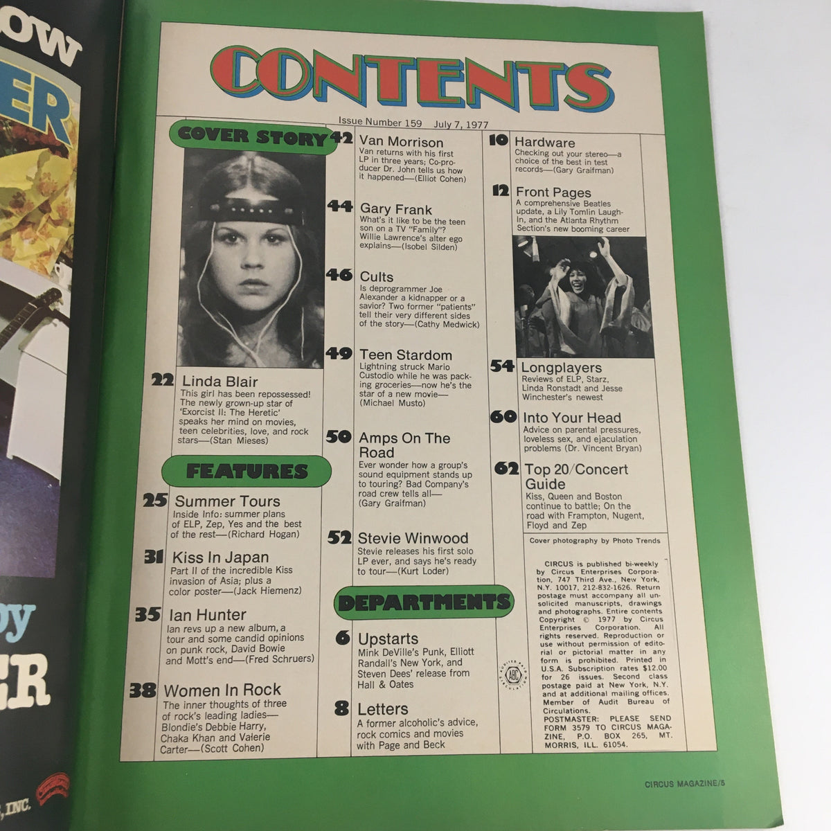 Contents page of Circus Magazine July 7, 1977, highlighting features on Linda Blair, Van Morrison, and Summer Tours, providing an overview of the magazine's rich content from the 1970s music scene.