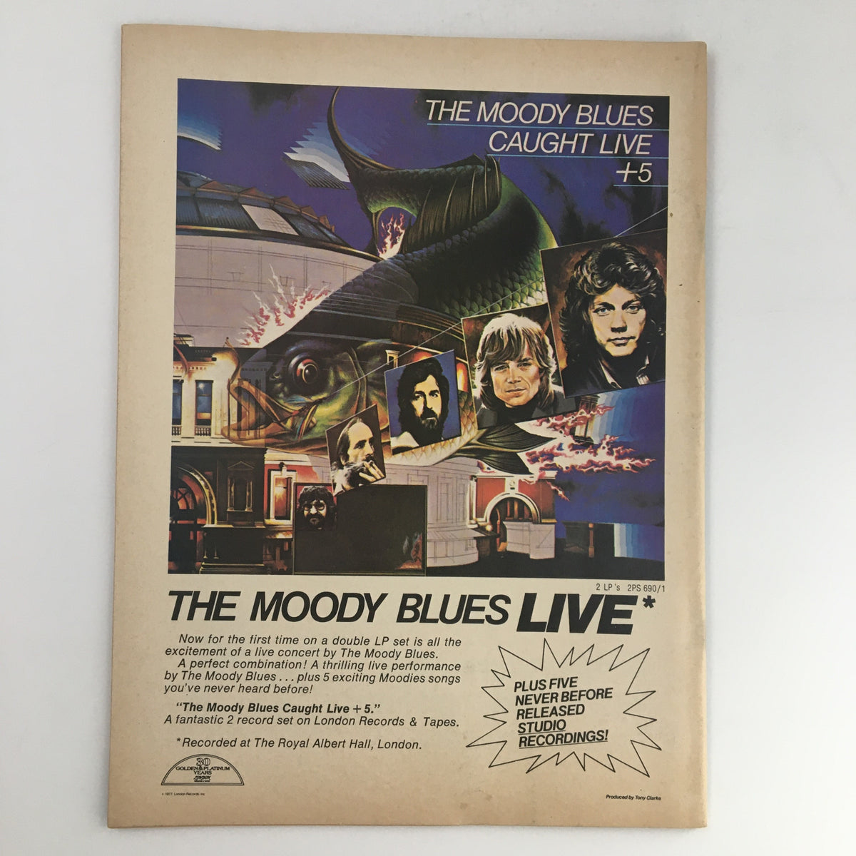 Advertisement from Circus Magazine July 7, 1977 promoting The Moody Blues album 'Caught Live +5', illustrating the band's dynamic performance and enhancing its collectible appeal.