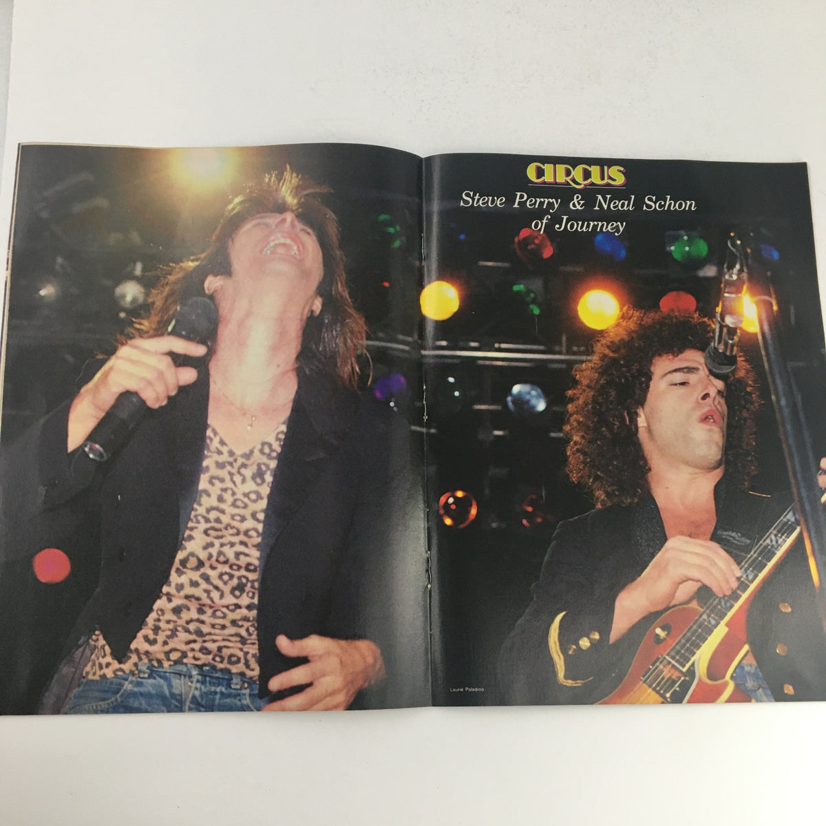 Two artists, Steve Perry and Neal Schon of Journey, featured in Circus Magazine, April 30, 1982, captured live on stage, highlighting their contributions to rock music.
