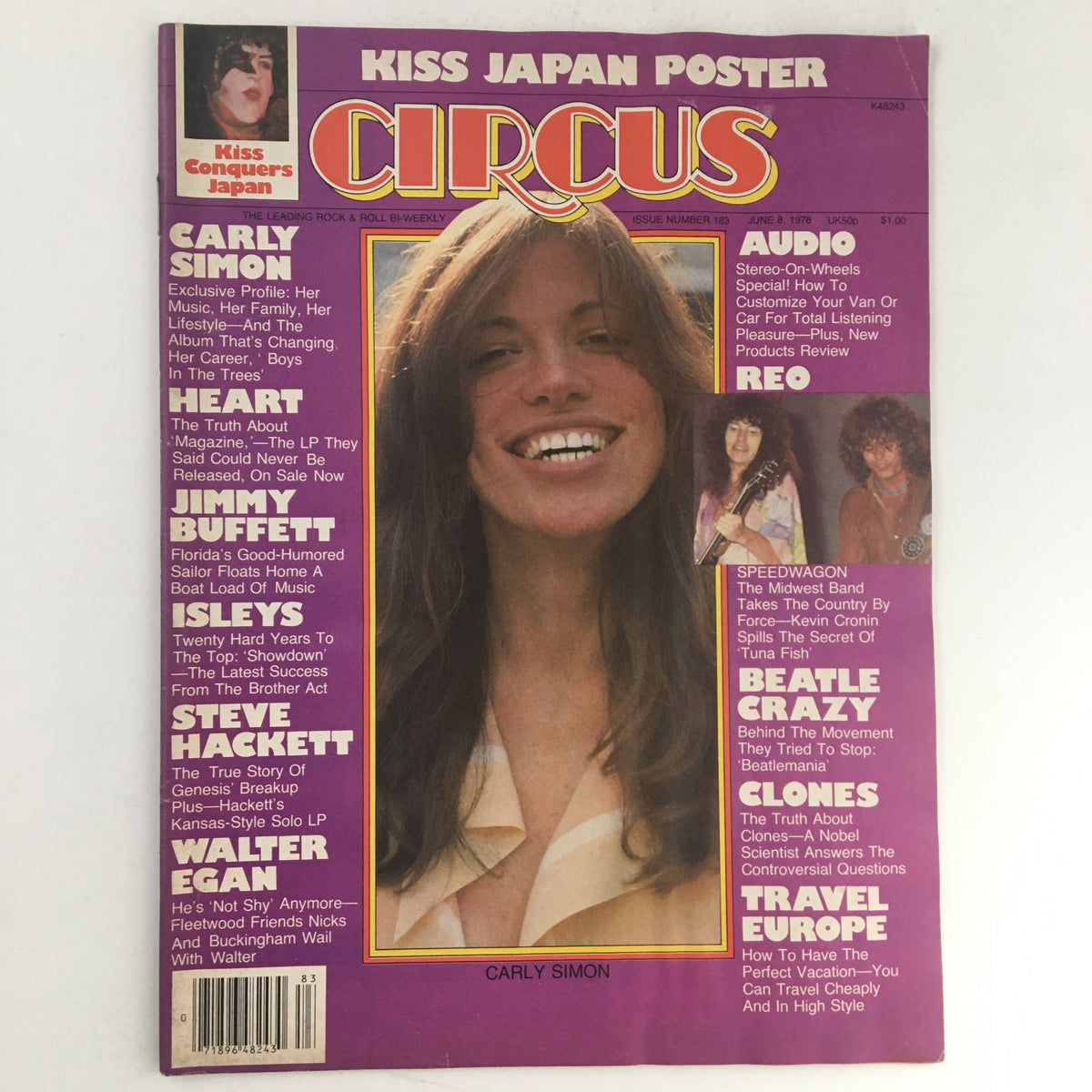 Circus Magazine June 8 1978 cover featuring Carly Simon and Kiss. Highlights include exclusive profiles and interviews, with a focus on Carly Simon and the cultural significance of Kiss's visit to Japan.