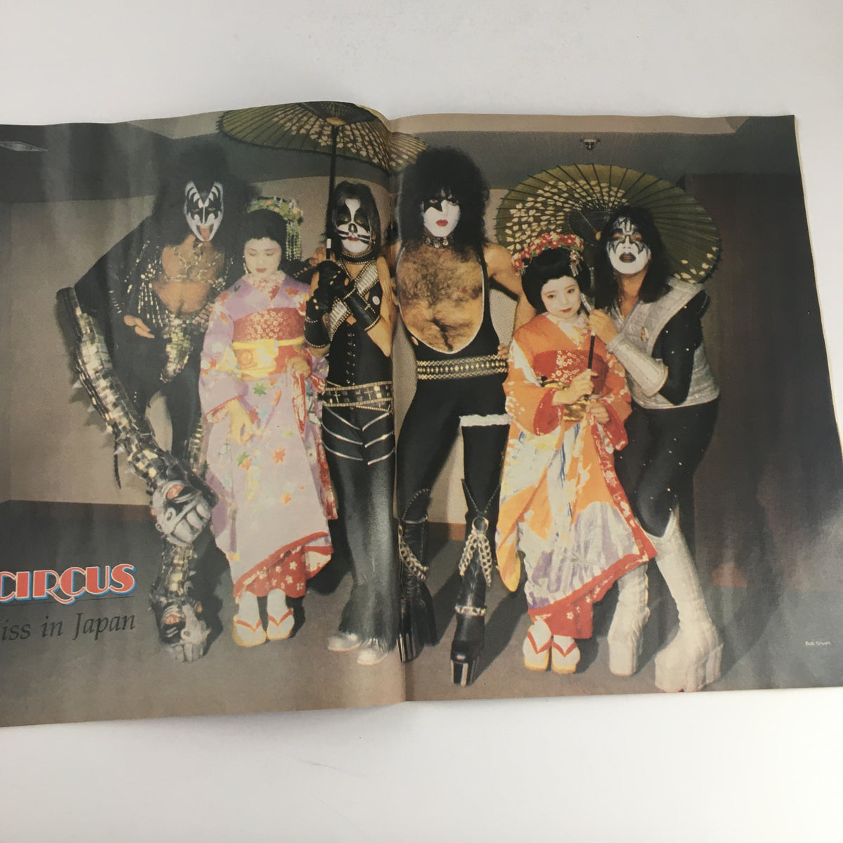 Inside spread of Circus Magazine June 8 1978 displaying Kiss in Japan, featuring band members in traditional Japanese attire alongside local figures, illustrating the cultural exchange during their tour.